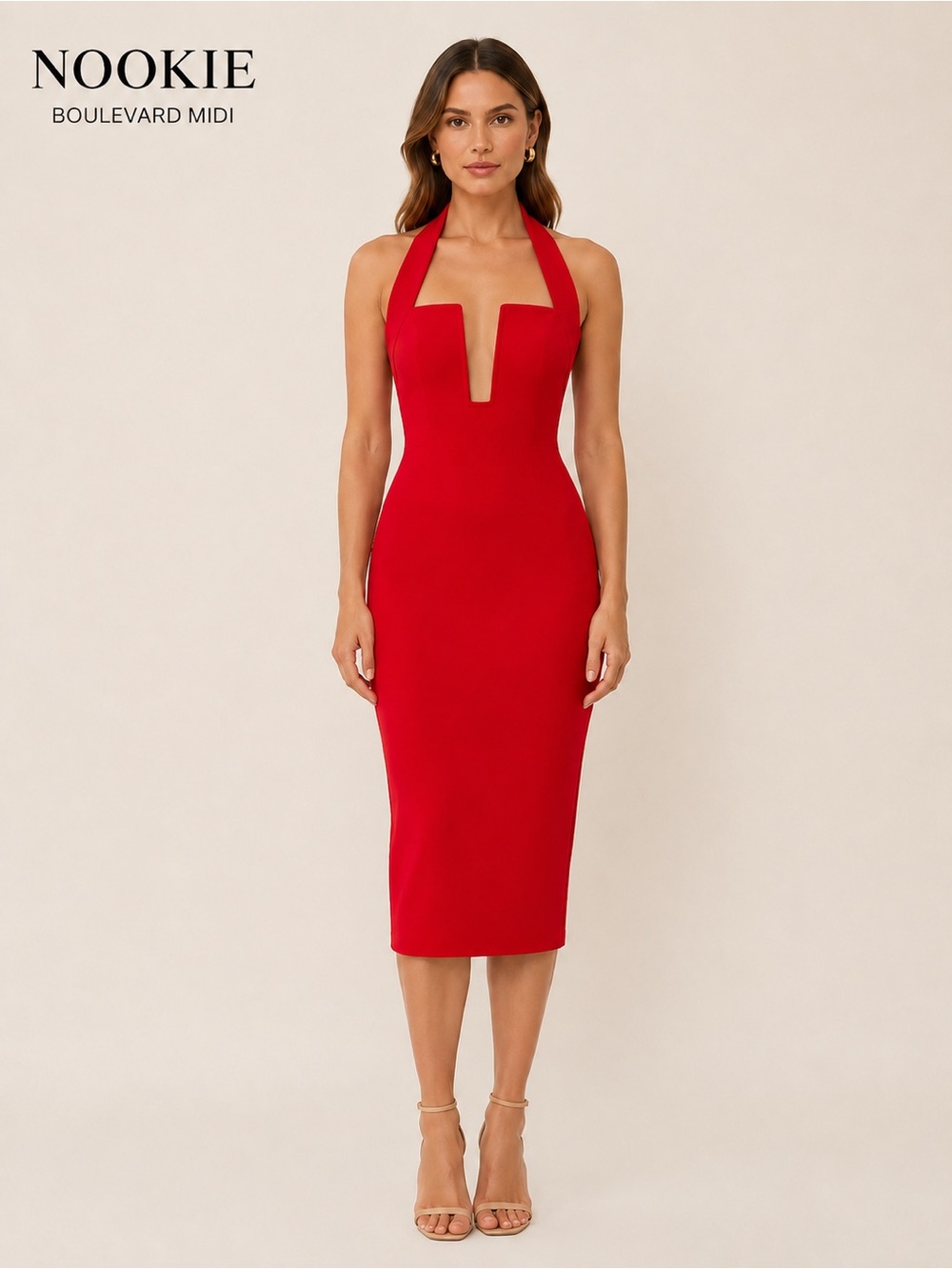Nookie Boulevard Midi Dress Cherry Red Halter Bodycon Cocktail Medium